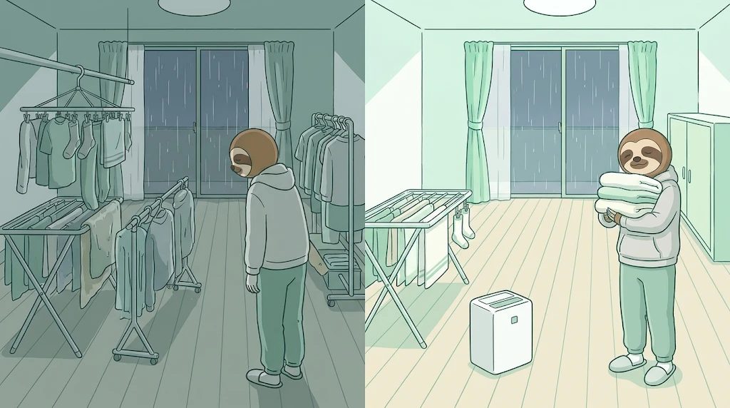 除湿機が無い雨の日と、ある雨の日のくらべ