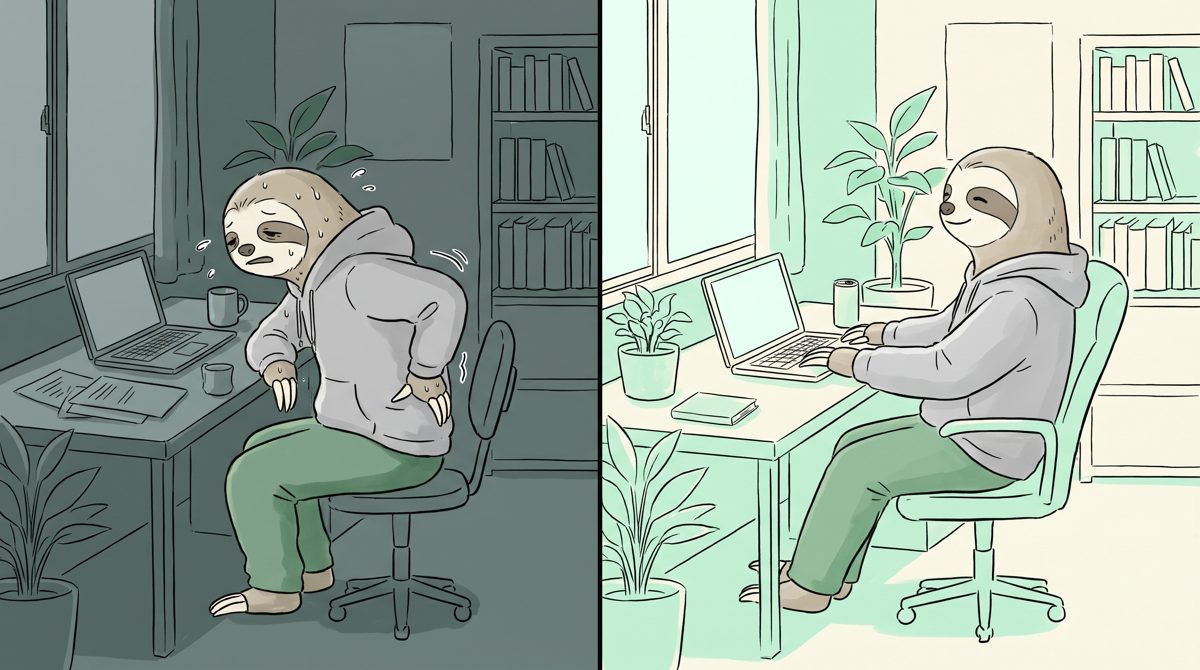 腰が痛い座り方と、背もたれに預けて楽に座る姿のくらべ